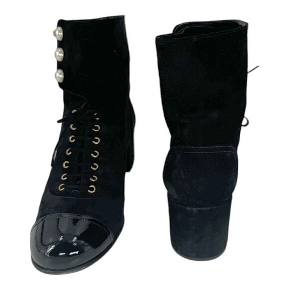 Chanel Suede Pearl CC Logo Patent Cap Toe Short Boots - Picture 6 of 16